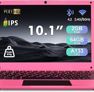 Mini Laptop Computer, 10.1 inch Android 13, 2GB RAM, 64GB Storage, HD IPS Display, 1280x800 Pixel, Portable Netbook with Allwinner A133 CPU (Pink)